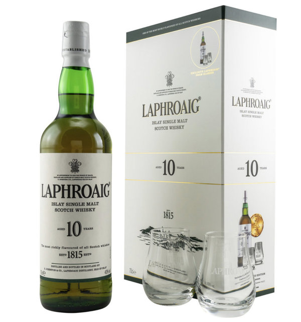 Laphroaig 10, 40% - Geschenkset mit 2 Gläser